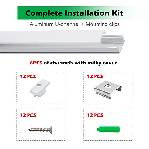 LightingWill 6-Pack 3.3ft/1M Silver U-Shape LED Aluminum Channel System with Cover, End Caps and Mounting Clips Aluminum Profile for LED Strip Light Installations-U02S6
