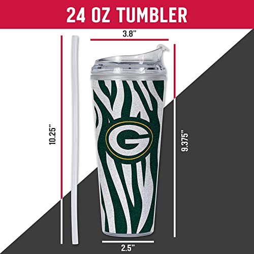 Image of Rico Industries NFL Football Glitter 24oz Acrylic Glitter Tumbler with Hinged Lid, Officially Licensed Double Wall Tumbler with Straw