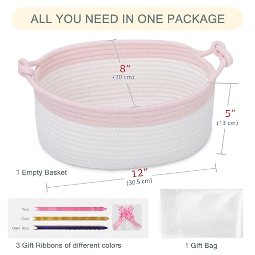 Image of COMSE Small Gift Basket Empty with Bag & Ribbons, Light Pink & White
