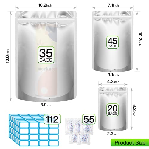 100PCS Clear Bins, Thicker Long Term Food Storage Bins with Labels Sealing Clips, 1 Gallon 10x14 7x10 4x6 Stand-up Resealable Airtight Smell Proof Packaging