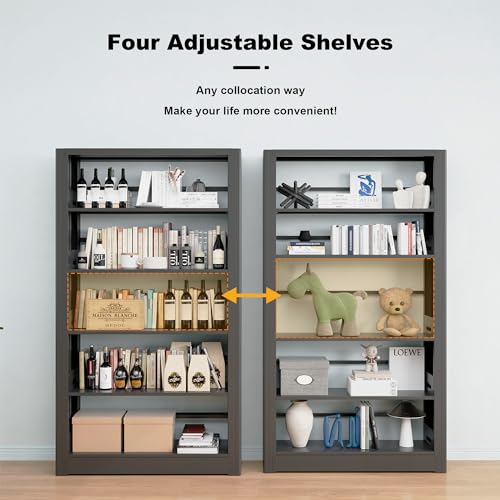 Image of Heavy Duty Metal Bookshelf, 5-Tier Industrial Bookcase with Adjustable Shelves, Large Storage Bookshelf for Living Room, Office, Library, 69 inch H x 36 inch W, Black