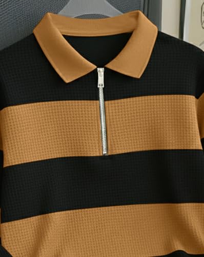 Image of Mens Stylish Half Zip Tshirt, Texture Striped Casual T-Shirt for Men, Formal Collared Neck Full Sleeves T-Shirt for Boys