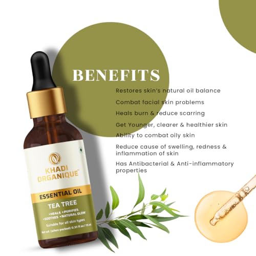 Image of Khadi Organique Tea Tree Essential Oil for Hair & Skin | Pure & Undiluted, Therapeutic Grade | Helps to Fight Acne & Scars, Controls Sebum, Stimulates Hair Growth | For Men & Women - 15 ml
