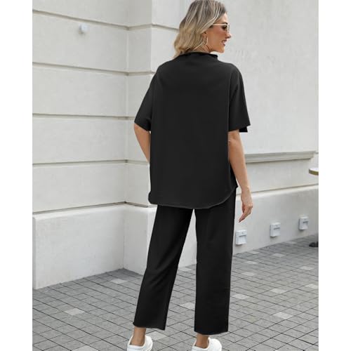 Image of SeeLuNa Women's Two Piece Outfits 3 /4 Batwing Sleeve Capelet Crew Neck Pullover Top Wide Leg Pants Lounge Set