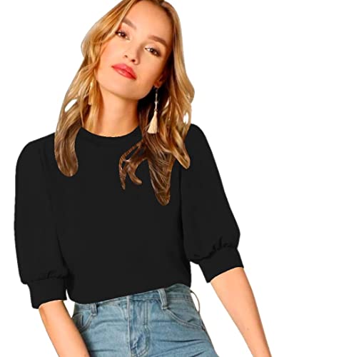 Image of Dream Beauty Fashion Women's Puff Sleeve Round High Neck Top Balloon Bishop Sleeve Elegant Casual Tee (23 inch Inches)- (Top Sofia P)