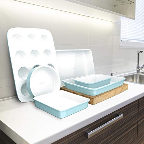 Nutrichef 6-Pcs Kitchen Oven Baking Pans Non-Stick Sheets Set, Attractive Green Pans & White Inside, Quality Kitchenware For Cooking & Baking Cake #TOP7