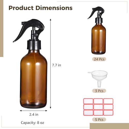 24 PCS 8 oz Glass Spray Bottles - Brown Glass Sprayer with Funnels and Labels, Refillable Fine Mist Trigger Bottles for Essential Oils, Cleaning Solutions, Haircare, Room Fresheners, DIY Cosmetics4