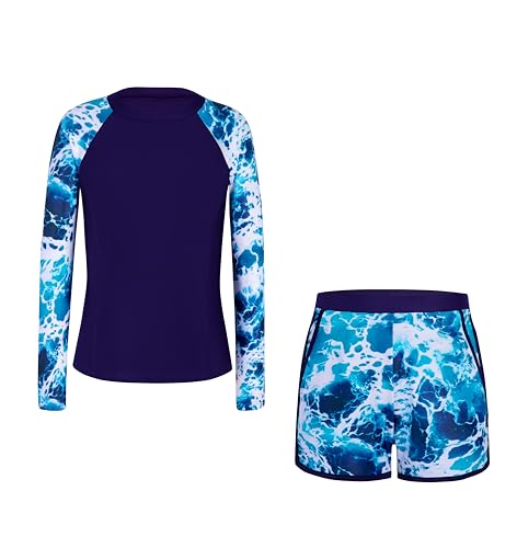 Image of Alakuoti Girls Rash Guard Swimsuit Two Piece Bathing Suit UPF 50+ Sun Protection Long Sleeve Swimwear 6-14 Years
