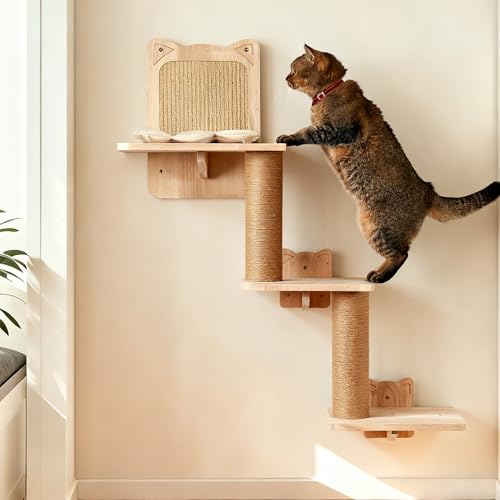 LitaiL Wandkratzbaum für Katzen bis 20 KG, DREI stöckig, 80cm hoch, Kratzbaum Wandmontage aus Massivholz, Kletterwand Katze mit 3 Plattformen,...