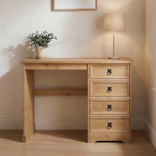 CARO-Möbel Schreibtisch Salsa im Mexiko Stil, eleganter Computertisch aus massiver Kiefer, Bürotisch mit Schubladen, gebeizt und gewachst