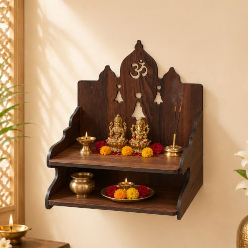 Image of The Castle Decor Wooden Mandir for Home, Wall Hanging & Tabletop Pooja Temple with Ganesha Cutwork, 2-Tier Storage Shelf, MDF Mandir for Pooja Room, Office, Hostel 13 x 15 x 8 Inch (Design-4)