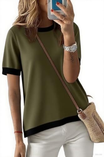 Womens Sweaters Casual Crewneck Short Sleeve Striped Color Block Knitted Cotton Trendy Pullover Sweater Tops