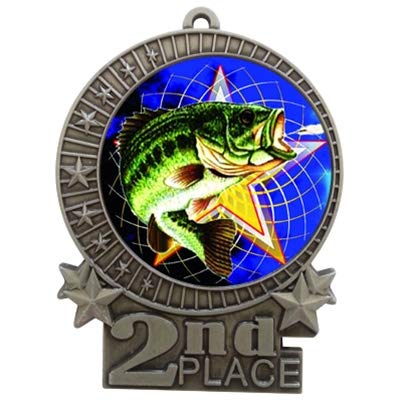 Express Medals 1 to 50 Packs - 3" Fishing 2nd Place Silver Medal with Neck Ribbon Award XMD