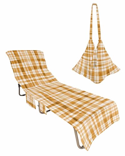 Orange Brown Checkered Beach Lounge Chair Towel Cover, Soft Chaise Lounge Towel with Side Pockets Patio Pool Chairs Cover for Beach/Pool Sunbathing 29x85 Watercolor Buffalo Plaid