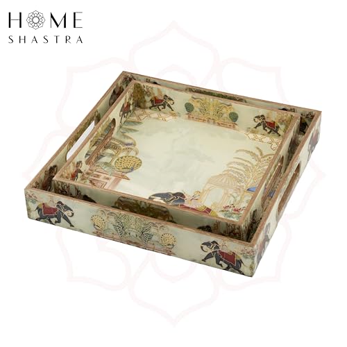 Image of Wooden Serving Tray with Gold Engraving | Set of 2 | Size : 12 x 12 inch & 10 x 10 inch | Enamel Coated Waterproof | Square Trays | Decorative Trays | (Elephant Square Trays Set)
