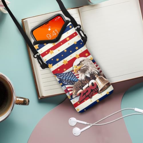 Image of Neoprene Phone Pouch with Detachable Crossbody Strap Independence Day Phone Bag Stars and Stripes Crossbody Bags for iPhone 17 /16 /15 Pro, American Flag Eagle 250 Years Print