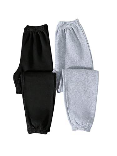 Image of Floerns Girl's 2 Pcs Elastic Waist Jogger Pants Active Running Sweatpants Black and Grey 9Y