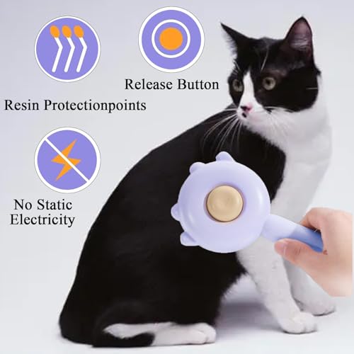 Image of ๐๐๐ญ ๐๐๐ข๐ซ ๐๐ซ๐ฎ๐ฌ๐ก, Cat Brush with Release Button, Pet Hair Cleaner Brush Cat Grooming Brush, Pet Comb Cat Brushes for Indoor Cats, Self Cleaning Cat Brush for Deshedding (Purple)