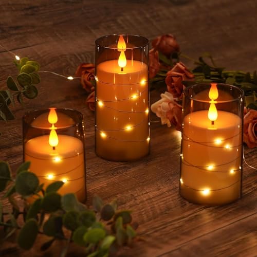 Image of Flickering Flame with Fairy Lights | Flameless Candles 3 Set | Grey Acrylic LED Pillars | Remote & Timer | Battery Operated | D3 xH4 5 inch 6 inch | Home Decor | Safe & Stylish