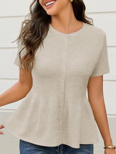 Image of Saodimallsu Womens Short Sleeve Cardigans Ruffle Button Down Crew Neck Peplum Babydoll Knit Sweater Tops
