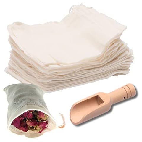 Svalor Cotton Muslin Tea Bags, 25 PCS Tea Bags Empty, Reusable Tea Filter Bags with A Tea Spoon and Drawstring for Loose Tea and Coffe, Cooking, Soaking Medical Liquor, Spices Storage(3.9*3in) Cover