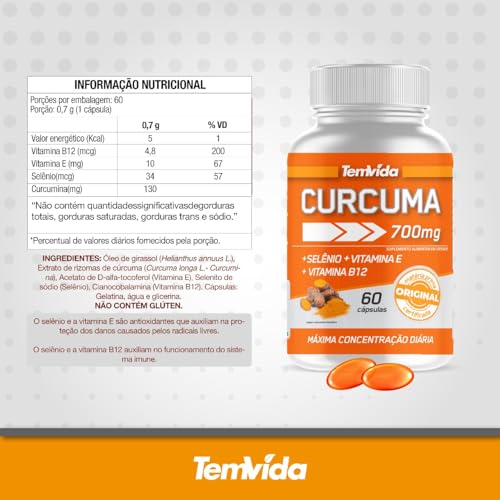 Cúrcuma + Selênio + Vitamina B12 e Vitamina E - 130 mg de Rizomas de Curcumina - 60 softcaps - Tem V