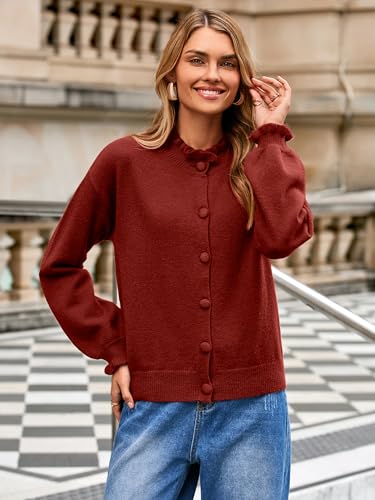 Simplee Short Knit Fall Cardigan Sweaters Cute Ruffle Mock Neck Long Sleeve Button Down Open Front Cardigans Trendy Outfits2