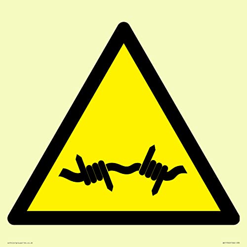W033 Warning: Barbed wire Sign - 300x300mm - S30, Yellow/White, 300 x 300 mm