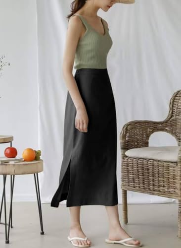 Ylingjun Black Linen Skirt For Women High Elastic Waisted Straight Long Linen Skirt With Slit thumb #2