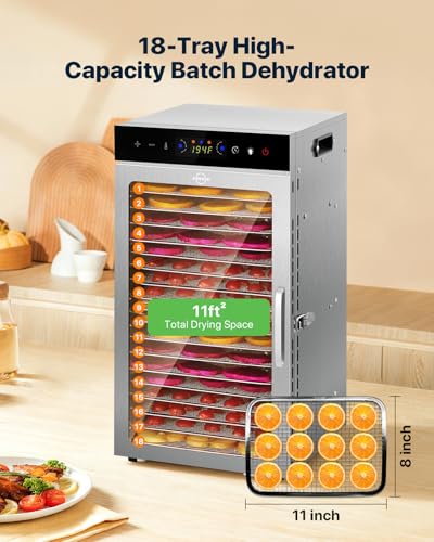 Image of Food Dehydrator Machine 18Tray, 800W Dual Fan Fast Drying, 24H Timer, 86-194℉ Control, Noise Below 45dB, LED Panel, Stainless Steel Dehydrators for Food and Jerky Herb Meat Fruit, Rectangular