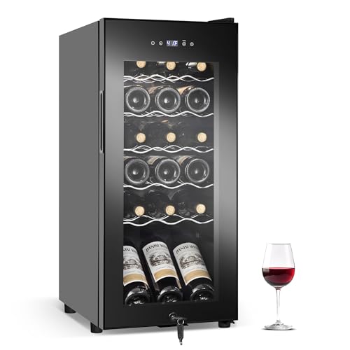 Image of Wine Fridge 18 Bottles, Small Wine Cooler Refrigerator Freestanding with Digital Temperature Control Safety Lock, Frost Free for Red White Wine, Champagne