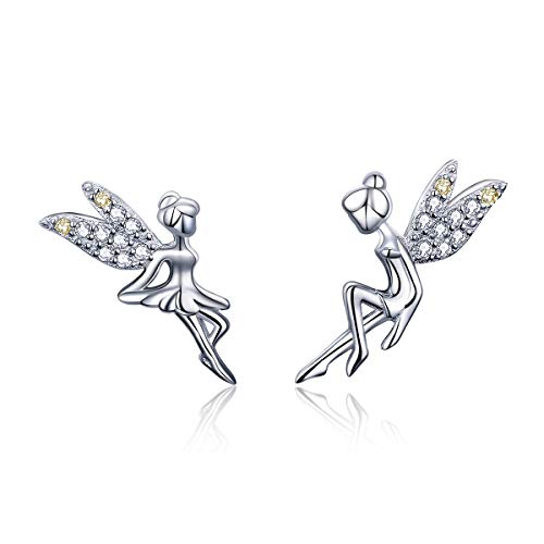 Boucles d'oreilles à tige en forme de fée CZ pour femmes filles en argent sterling S925 plaqué or blanc 18 carats asymétrique avec zircones cubiques bicolores en...