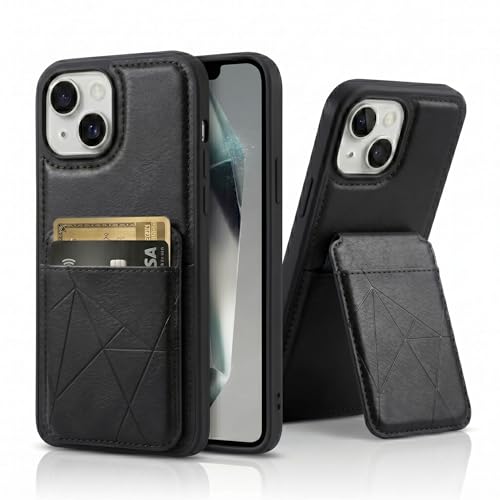 Image of amazon basics Premium Vegan Leather Back Cover with Card Holder and Integrated Mobile Stand for iPhone 15 - Slim Shockproof Wallet Case with Geometric Stitching [Black]