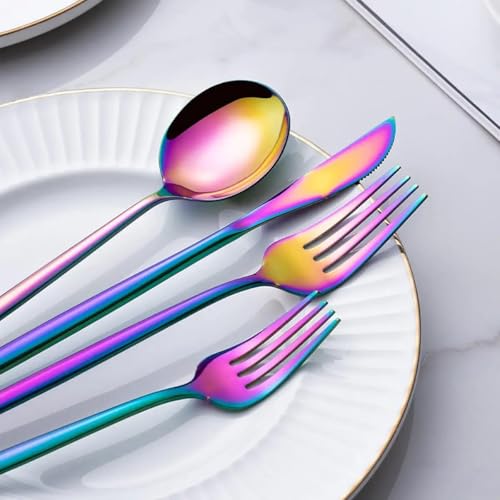 Image of aDai Korean Premium 40 Piece Stainless Steel Cutlery Set | Modern Flatware for Dining | Elegant Gift Box for Everyday Use (Rainbow)