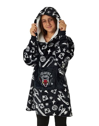 Stranger Things Kids Wearable Blanket Hoodie | Boys & Girls Oversized Black Hooded Fleece Loungewear | Hellfire Club D&D All Over Print | Sleepwear Costume Netflix Series Merchandise Gift for Children