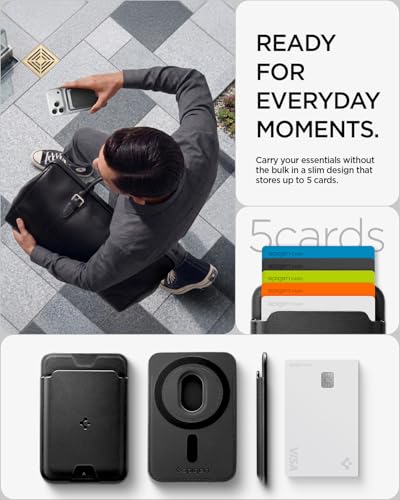 Image of Spigen Valentinus (Magfit) Magnetic Card Holder up to 5 Cards, Faux Leather MagSafe & Pixelsnap Wallet Compatible with iPhone 17 /16 /15 /14 /13 /12 Models, Pixel 10 Series - Black