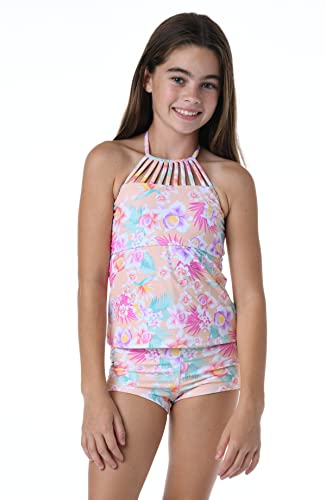 Image of Hobie Girls' Strappy High Neck Tankini Top & Shirred Boyshort Bottom Swimsuit Set