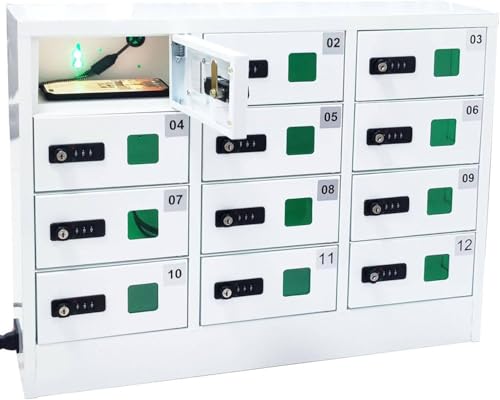 Armario de carga seguro para teléfono celular, 12 ranuras de acero con cerradura de combinación para estudiantes y empleados, protege dispositivos y carga de forma segura