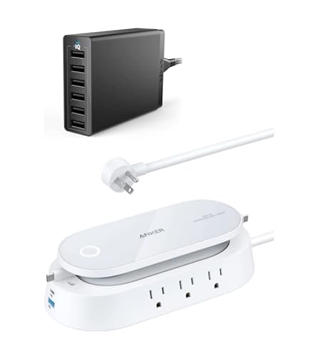 Anke Wall Charger,60W 6 Port USB Charging Station, PowerPort 6 Multi USB Charger & 647 Charging Station (100W), 10-in-1 Power Strip with 6 AC, 1 USB-A, 1 USB-C.