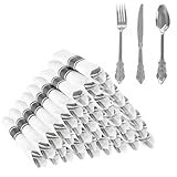 WELLIFE 50 Pack Silver Plastic Silverware,Plastic Cutlery Set Include 50 Forks, 50 Knives, 50 Spoons and 50 Pre Rolled Napkins, Disposable Utensils for Party and Wedding