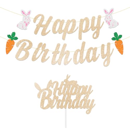 ANFEST Rabbit Happy Birthday Banner Glitter Letter Sparkly Pre Strung Easter Bunny Garland Spring Bday Party Decorations Sign, Egg Themed Bunting for Holiday Celebrations NO DIY