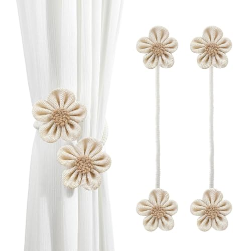 Image of Catchy Rope White & (Set of Brown Holders Holdback 2) Curtains Tieback Drapery Jute Tiebacks. Natural Decorative Window Neutral Combo Curtains Floral Curtain Beautiful (2, Whites)