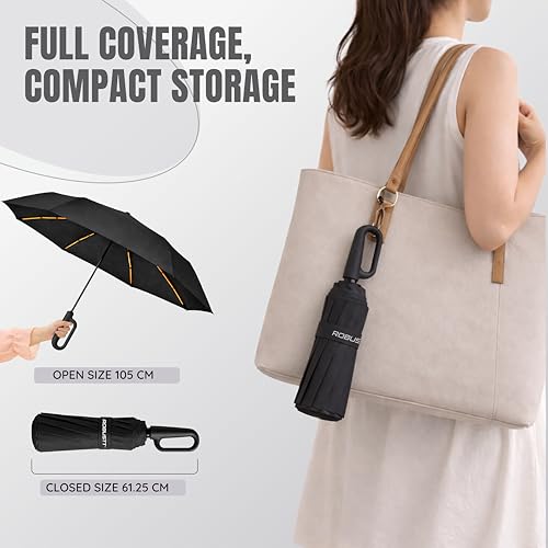 Image of Robustt Auto Open Clutch Umbrella with Carabiner Hook Handle, (Black)| Double Fibreglass Wind-Resistant Frame |for rain & Sun Protection| Lightweight & Compact