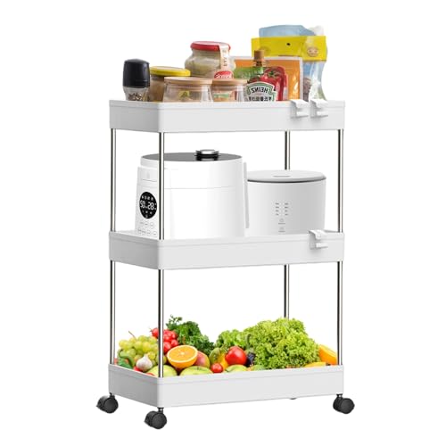 HARUMAKIキッチンワゴン 3層 隙間収納 スリム 組立簡単 キャスター付き 幅40cm x奥行さ 21.5cm x 高さ60cm ペットボトルラック 冷蔵庫横 洗面所 収納 貯蔵 トロリー リビング ルーム バスルーム 隙間ラック 3段 スリムワゴン