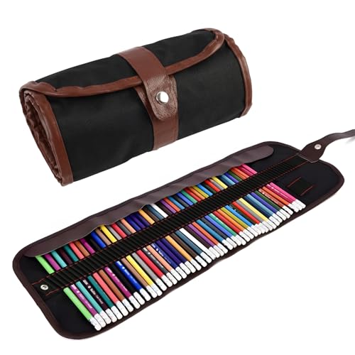 Trousse à Crayons Multifonctionnelle en PU Cuir, Trousse Roulable avec 72 Emplacements pour Crayons, Feutres et Pinceaux, Trousse d'Artiste pour École,...