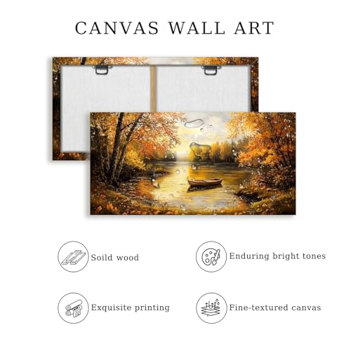 SERIMINO Fall Wall Art, Landscape Wall Art, Large Wall Decor, Lake Boat Forest Canvas Art Prints, Gold Autumn Nature Pictures, Rustic Paintings for Living Room Bedroom Dining Room Office Farmhouse 30"X60"