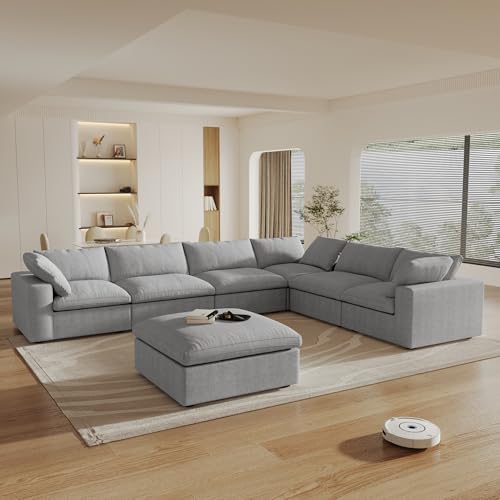 Image of 160 inch Cloud Couch Modular Sectional Sofa for Livingroom,Oversized Convertible Sofa with Storage Ottomans,7 Seat Wide Couches,Cushion Covers Removable,Gray