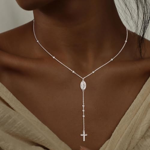 Image of CHESKY Long Necklaces for Women, 14k Gold Plated /Streling Silver Lariat Necklace Dainty Statement Prom Necklace Rosary Cross Sun Drop Pendant Dangle Necklace Gold Prom Jewelry for Women Gifts