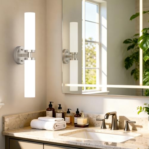 Image of Wall Sconces Set of 2, Hardwired Bathroom Light Fixtures, | Modern Vanity Wall Lighting with Milky White Glass Shade, Wall Sconce for Mirror Bedroom Hallway, E26 Base, Brushed Nickel