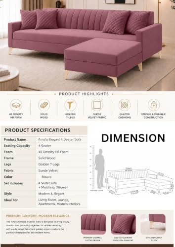 Image of AMATA Falcon ele 4 Seater Fabric Suede Velvet Mauve Colour Sofa Set with Two Cushions Perfect for Home Office Guests Living Room (Falcon Mauve 01, Falcon 4 Seater l Shape)(3 Year Warranty)